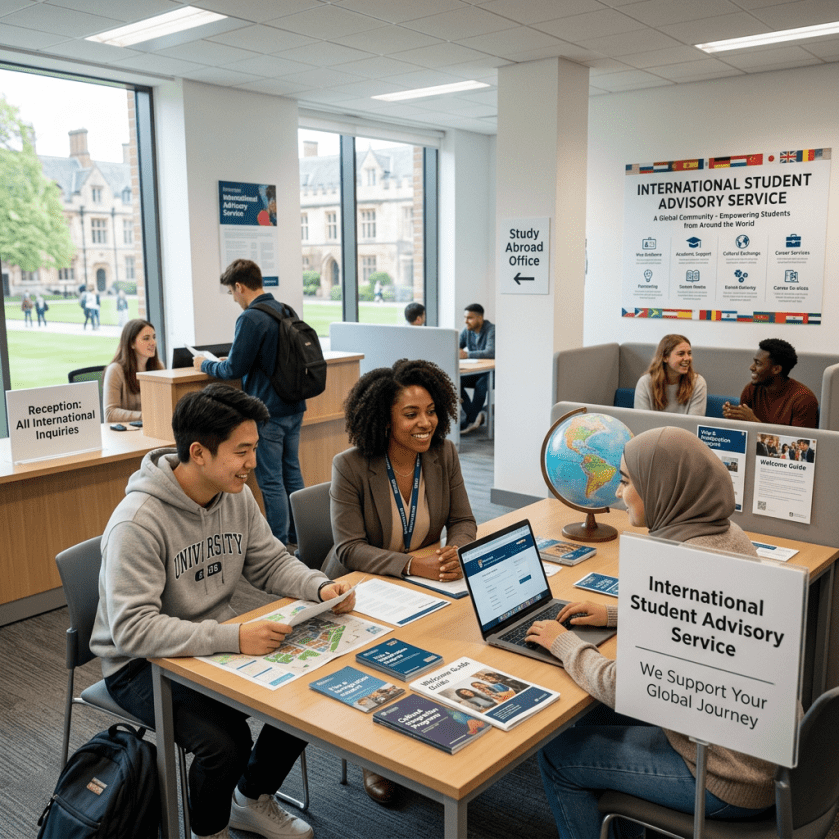 Students talking with advisors at the International Student Advisory Service office